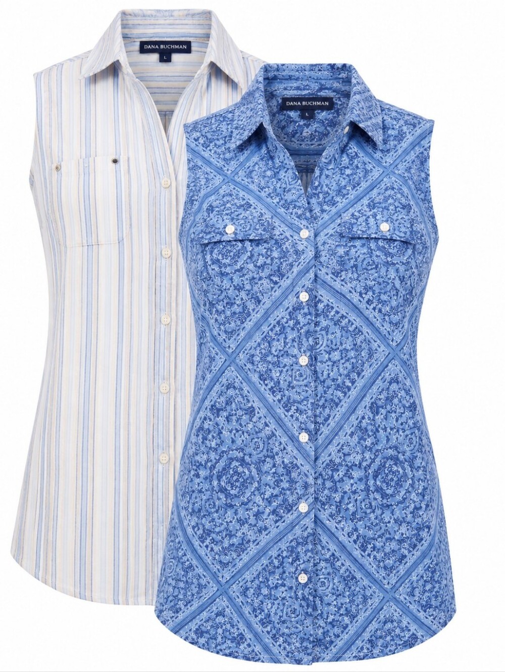 DANA BUCHMAN | 2PC LOT Blue Paisley Stripe Sleeveless Button Down Shirts | L
